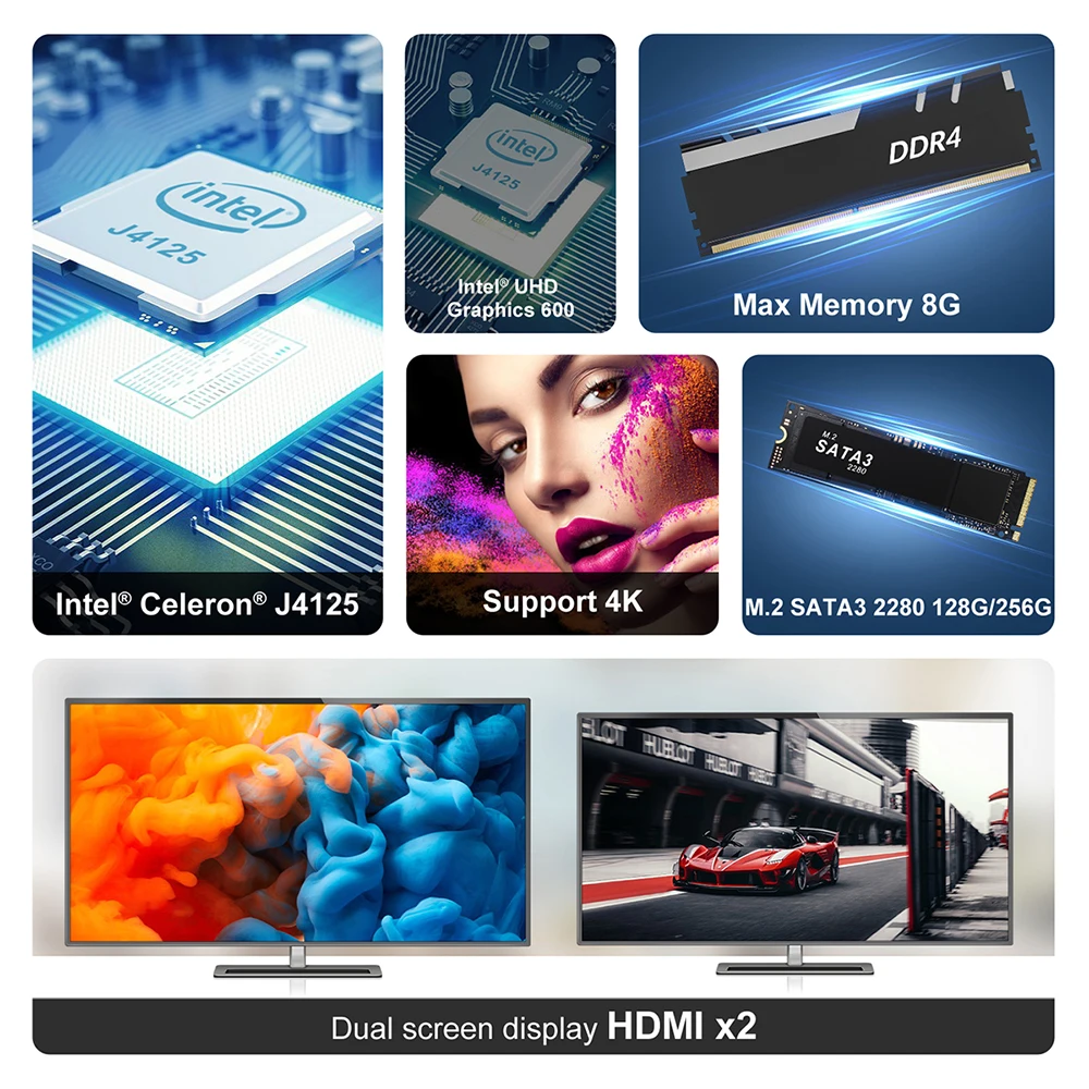 Mainframe mini PC GK mini J4125 neutro com suporte de saída 4K