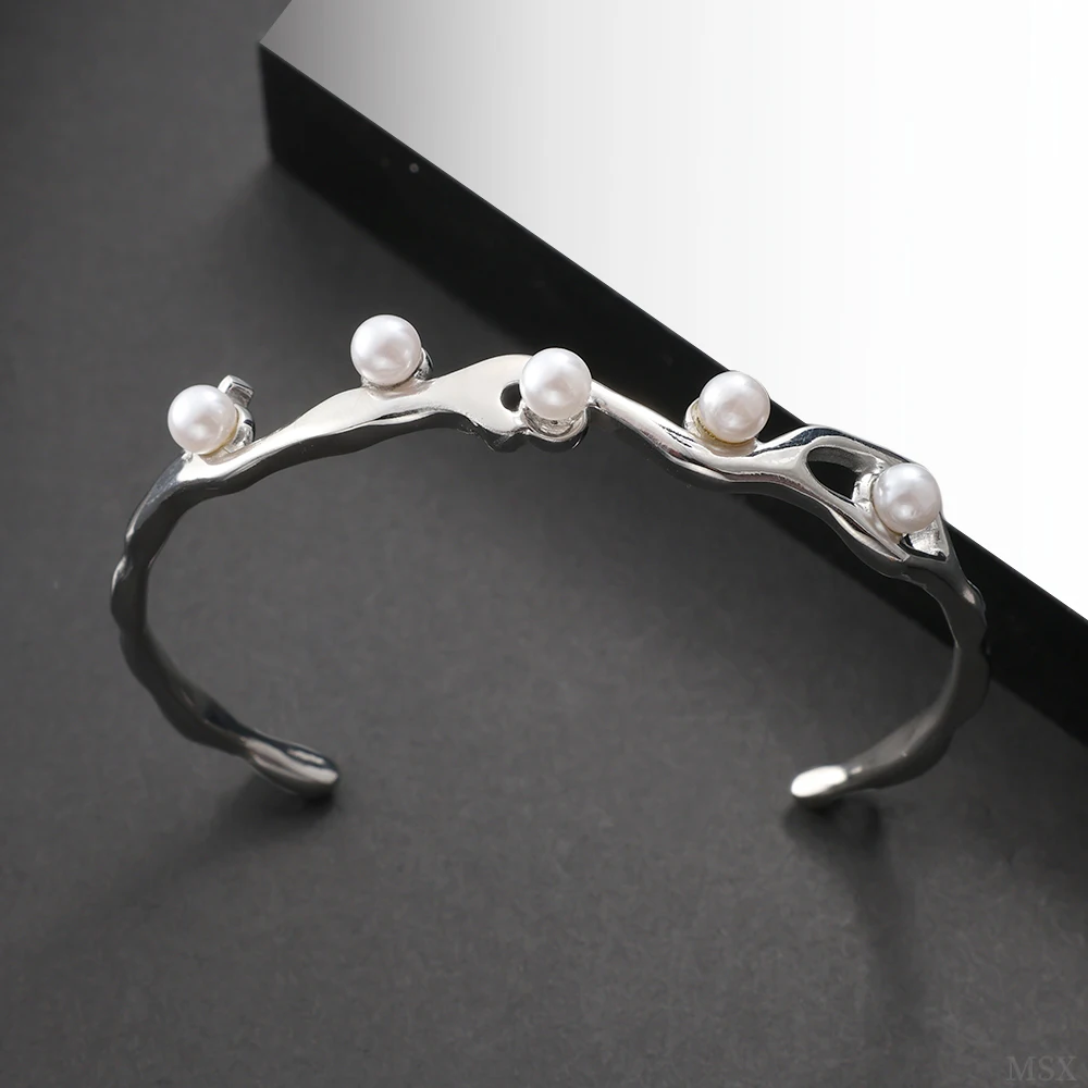 

JOVO LOVE Elegant Geometric White Faux Pearls Stainless Steel Silver Color Opening Cuff Bangle Unique Design Non-Fading Jewelry