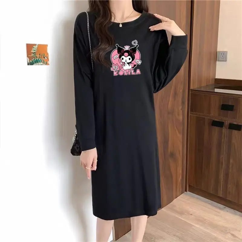 

Kuromi Women's Sleeping Skirt Kawaii Cartoon Young Girl Autumn Long Sleeves Sleeping Pajamas Student Loose Home Clothes Dress
