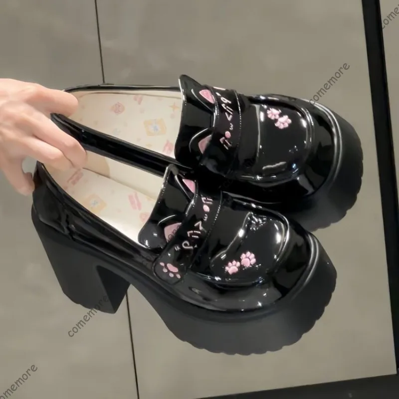 Damen Zapatos Lolita Cat Paw Plateau-Loafer mit klobigem Blockabsatz, Mary Jane Schuhe, süße Mädchen Cosplay Pumps, Größe 35-40