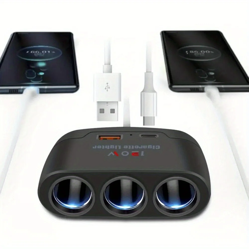 Carregador de celular para carro 120W 3 em 1 com carregamento rápido, adaptador para acendedor de cigarros, plugue de carregamento rápido, adaptador de energia para celular para DVR automotivo GP