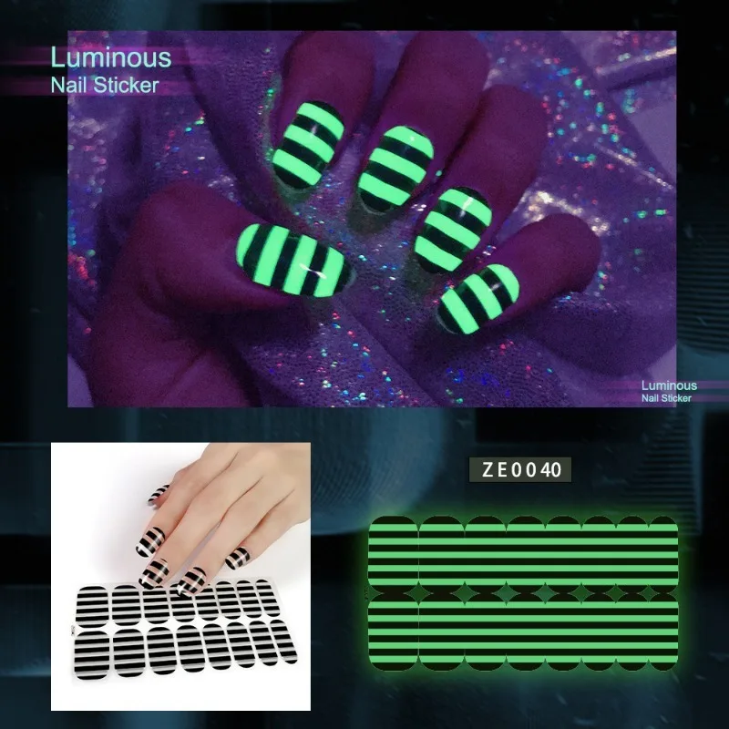 Brilho escuro adesivos de unhas fluorescente crânio flor design cobertura completa unhas falsas auto adesivo manicure arte decalques suprimentos beleza