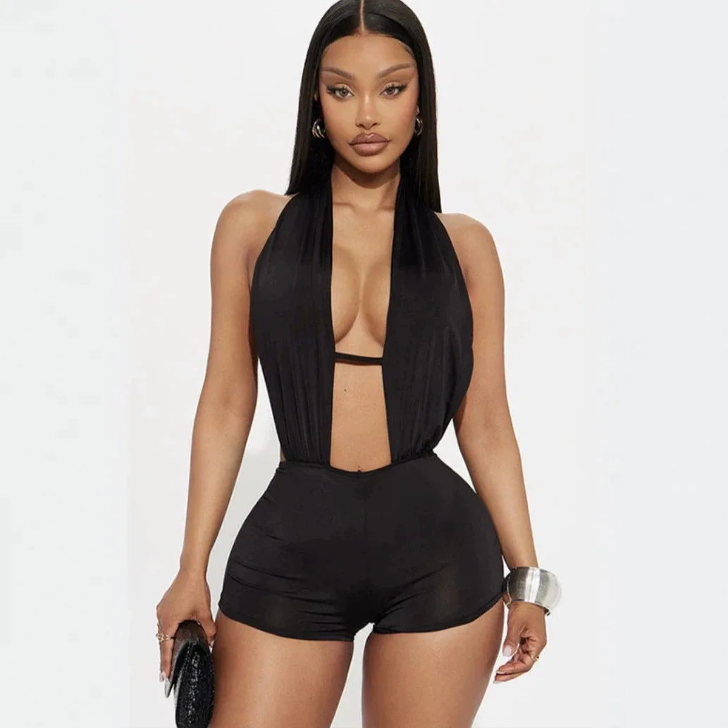 STYLISH LADY Halter Deep V Romper 2026 Women Sexy Cutout Front Open Back Slim Bodycon Short Jumpsuit Night Club Outfit