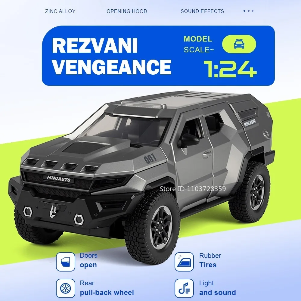 

1:24 Model Toy Off-road Car Rezvani Vengeance LADA NIVA Alloy Diecast Pull Back Doors Opened Sound Light Simulation Vehicles