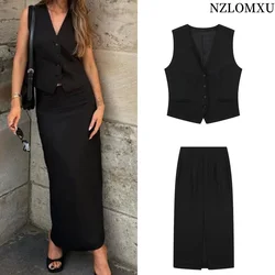 2023 Summer Women Sets Fashion Single Breasted Vest Tops + High Waist Midi Long Skirts Casual Commute Slim 2 Pieces Sets