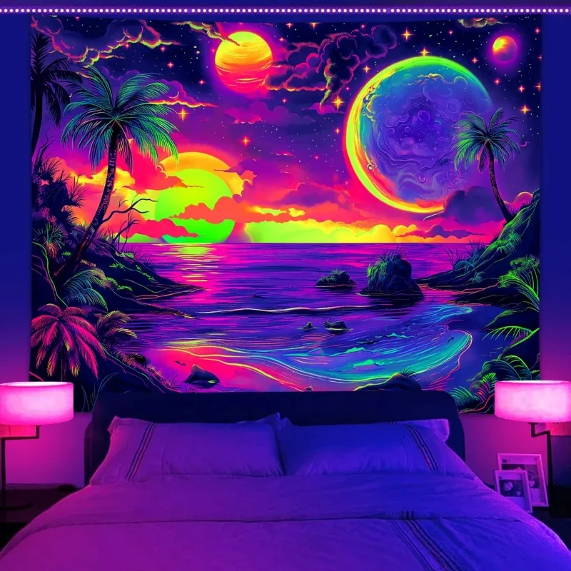Benötigen Sie UV-Bestrahlung, Glühen, UV-fluoreszierender Wandteppich, Strand, Kokosnussbaum, Sternenhimmel, Wandteppich, Zimmer, Wohnzimmer, ästhetische Wandbehang