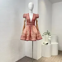 2025 New Orange Pink Paisley Printed V-neck High Waist Mini Dress for Women's High Quality Linen Silk Summer Clothing