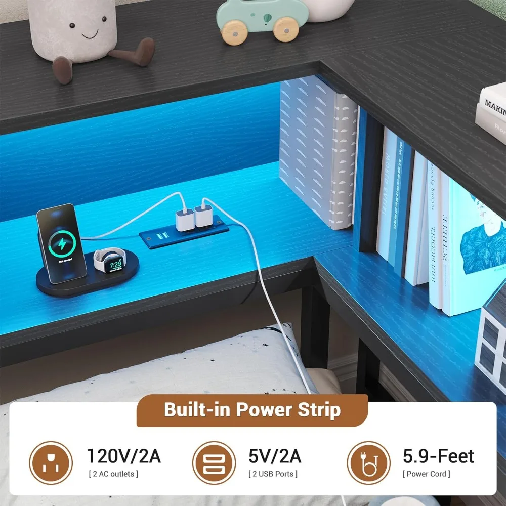 Estrutura de cama de canto completa com estante de armazenamento, cama de dia com gavetas de armazenamento, cama de plataforma de metal com estação de carregamento