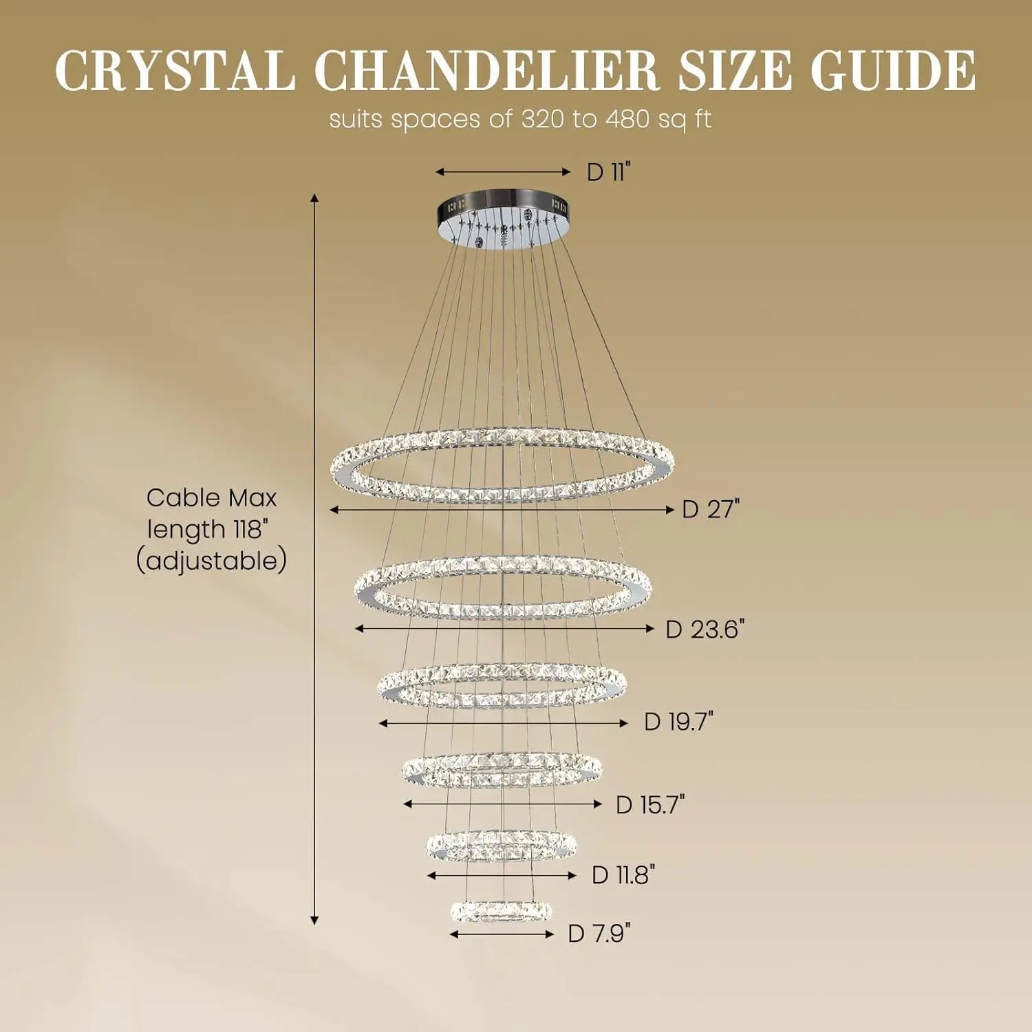 Modern Crystal Chandelier Lighting, 6 Ring Chandelier LED Ceiling Lights Fixtures with 3-Color, High Ceiling Foyer Chandelier