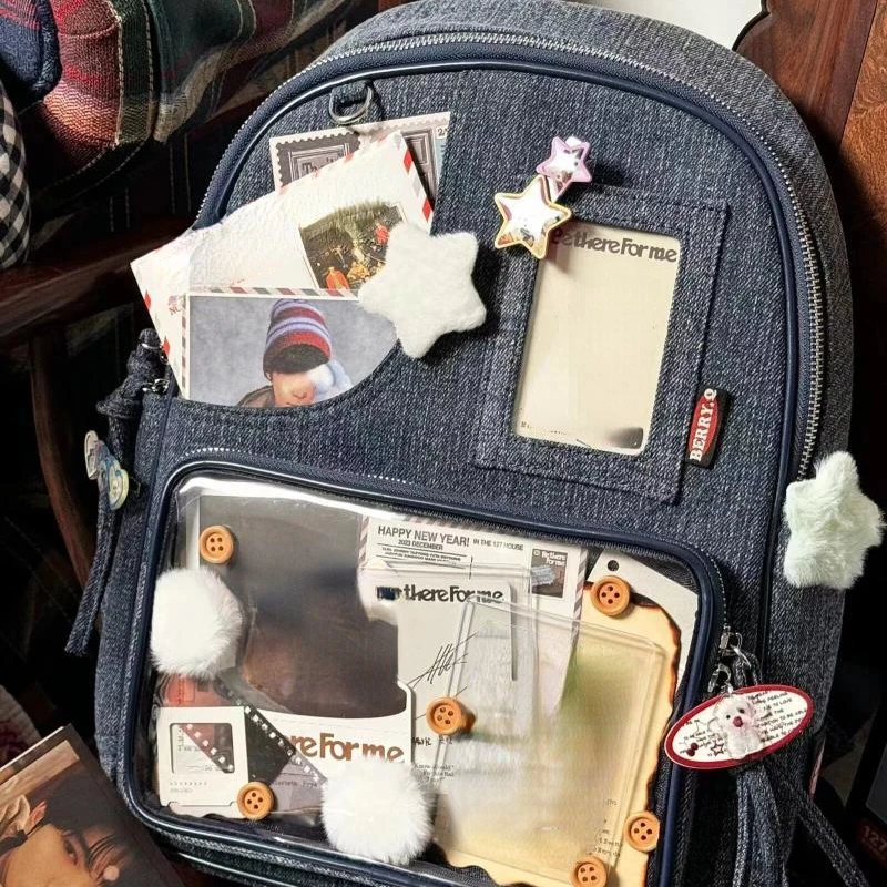 Transparent Denim All Match Ins Schoolbags Women Students Vintage Y2k Aesthetic Jk Bags Casual Simple Preppy Backpacks Japanese