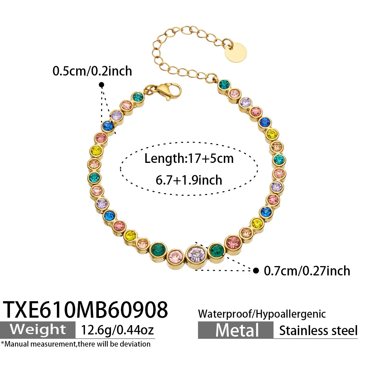 Boho Farbiger Zirkon Tennis-Schmuckset für Damen 18K Vergoldetes Edelstahl Farbverlauf Runde CZ Halskette Armband Ohrringe – Detail 11