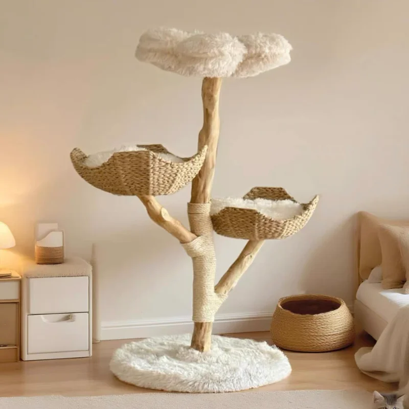 Wooden Cat Tower with Soft Plush Platform, Large Rest Basket & Hanging Pom-pom Toy, Scratching Board, Daily Play Toy for Kittens