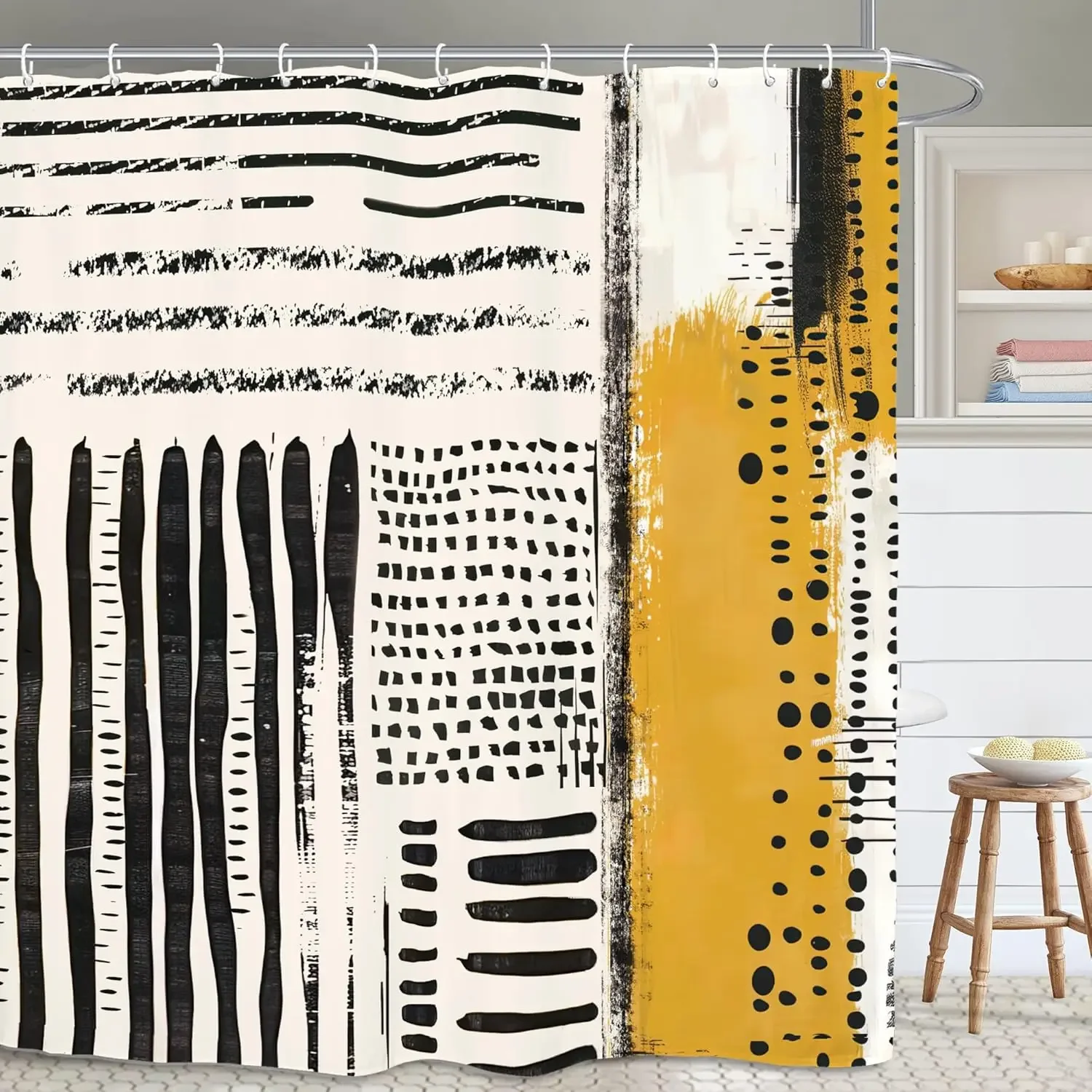 Abstract Simple Modern Bathroom Shower Curtain Black Neutral Contemporary Aesthetic Stripe Polyester Hook Waterproof Decoration