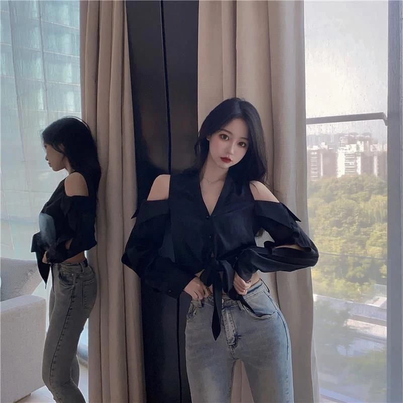 Korean Black Shirt Spring Sexy Off Shoulder Bow Lace Up Female Sleeve New Hollow Out V Neck Long Sleeve Chic Ladies Crop Tops