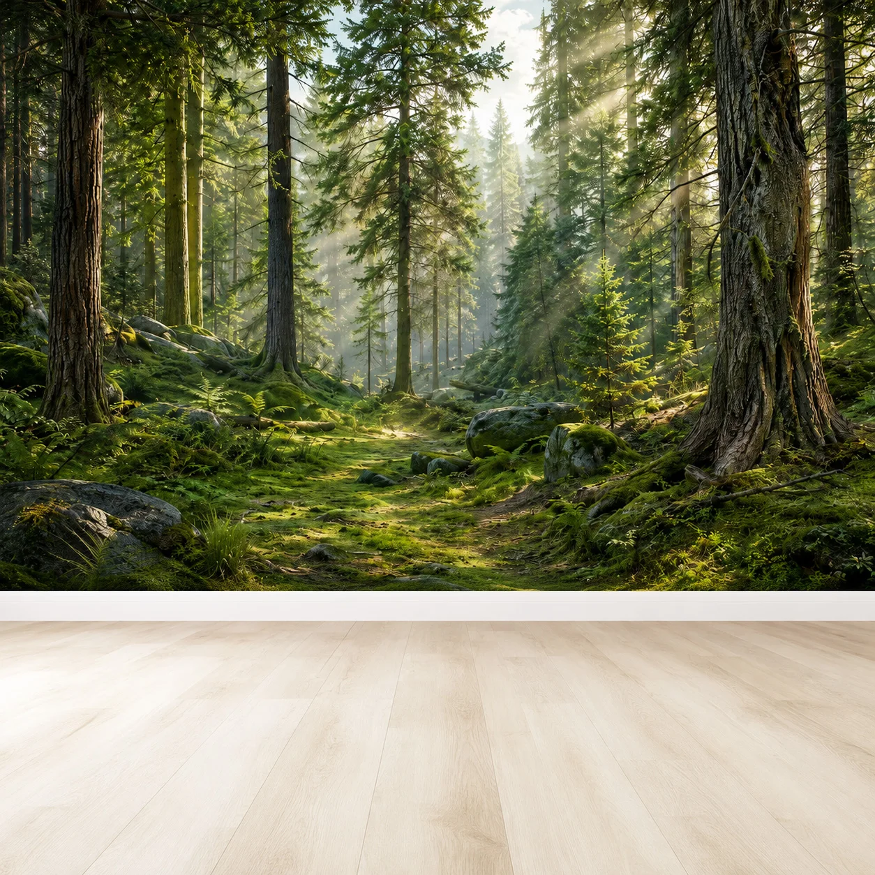 Sunlit Forest Wall Mural Wallpaper Green Woodland Nature Landscape Pine Trees for Living Room Bedroom Decor Non Self Adhesive