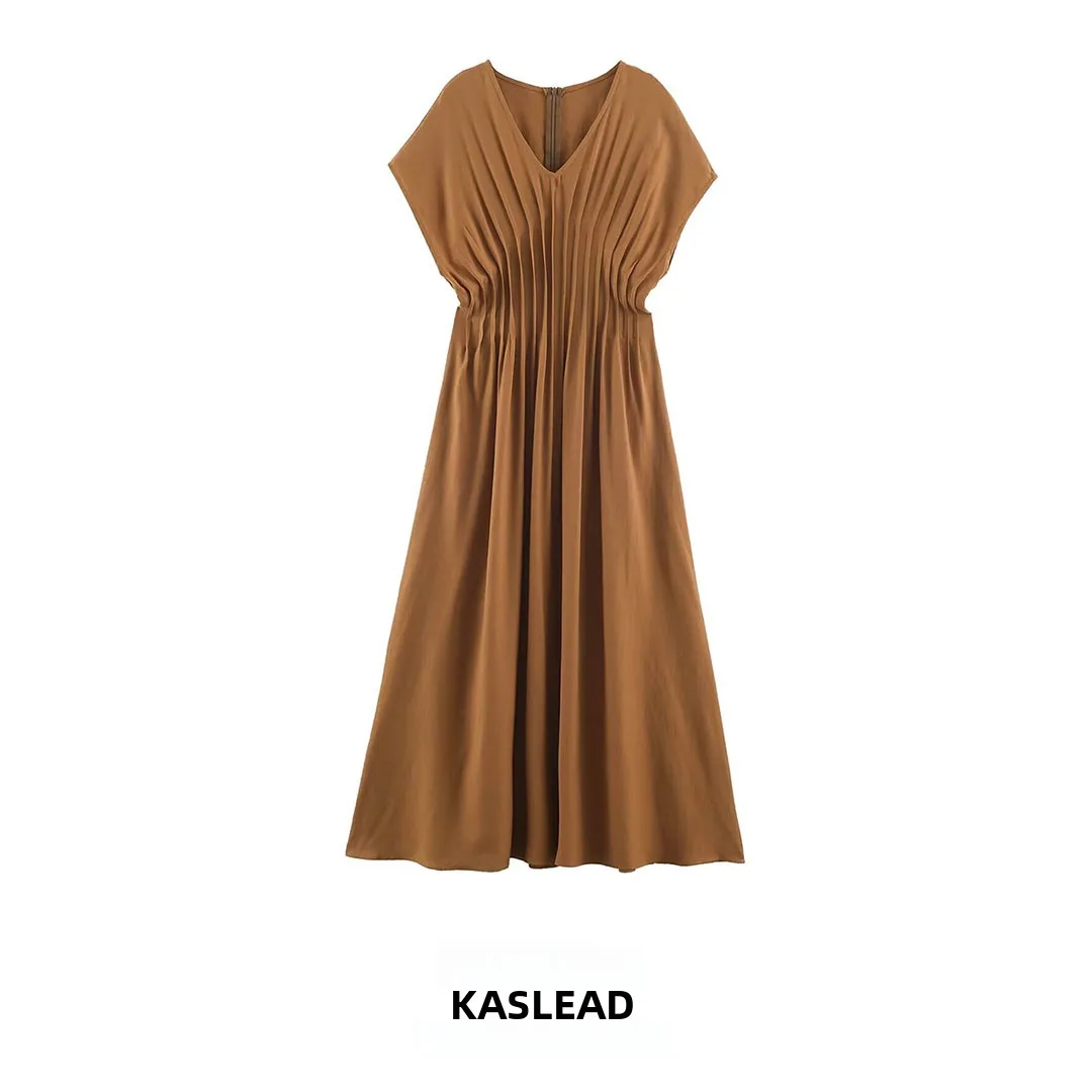 KASLEAD New Women's Fashion High-End Sensation Small Audience Design V-Neck Long Dress Polyester Fiber Batwing Sleeve A-Line ...