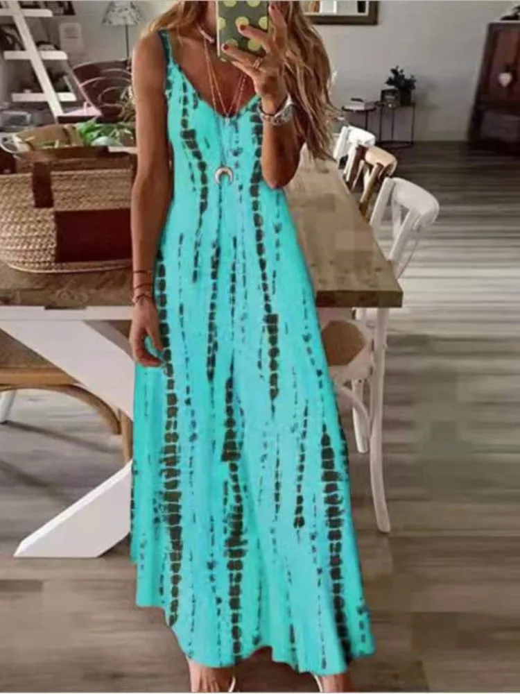 Casual Printed Maxi Spaghetti Strap Dresses For Women V-neck Backless A-line Long Dress Fashion Bohemian Style Beach Vestidos