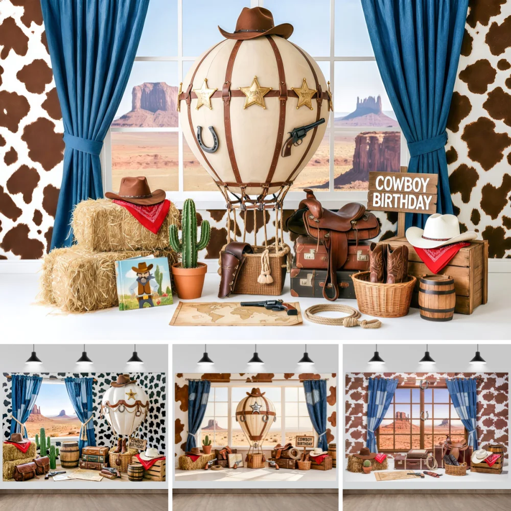 Cowboy Hot Air Balloon Backdrop Desert Mesa Cow Print Curtain Cactus Hay Bale Banner Kids Birthday Photography Background Props