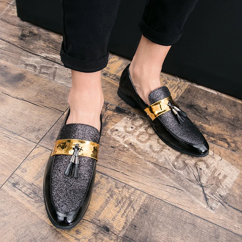 Men Loafers PU Splicing Tassel Knot Decoration Round Toe Low Heel Anti Slip Business Men Casual Shoes