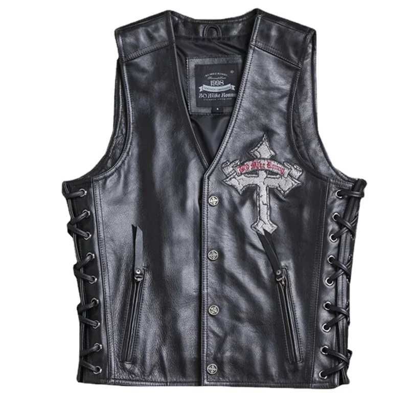 

Skull New Embroidered Leather Waistcoat Men's Natural Cowhide Real Slim Motor Vest Cross Motorcycle Biker