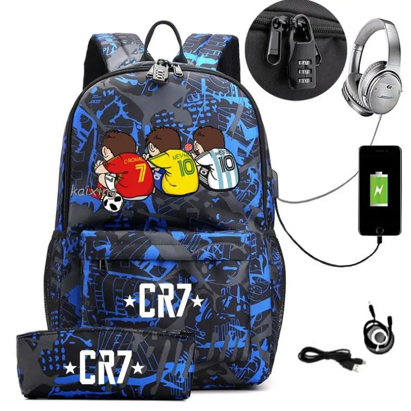 17 inch CR7 Backpack Anti Theft USB Charge Backpack Waterproof Women Men School Bag Teenage Girls Boys Travel Bags