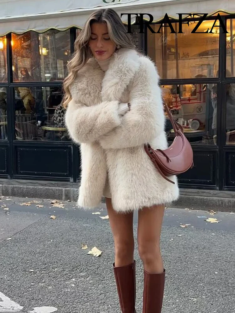 TRAFZA Women Winter Fashion Lapel Solid Pockets Long Sleeves Fur Coats Female Vintage High Street Causal Warm Fur Jacket Mujer - Image 5