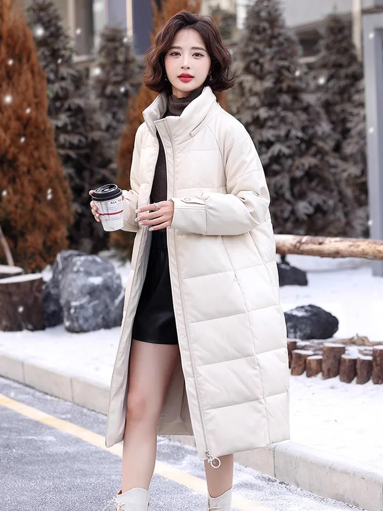 New Women Winter Long Leather Down Coat Fashion Real Fox FurCollar Wide-waisted Loose Down Coat Casual Thick Warm Overcoat