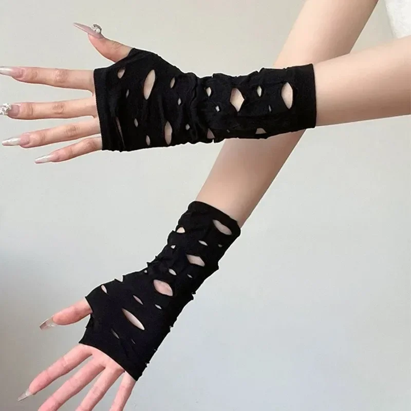 2025 Gothic Punk Individuality Broken Hole Fingerless Performance Gloves Half Finger Mesh Stretch Halloween Party Dress Mittens