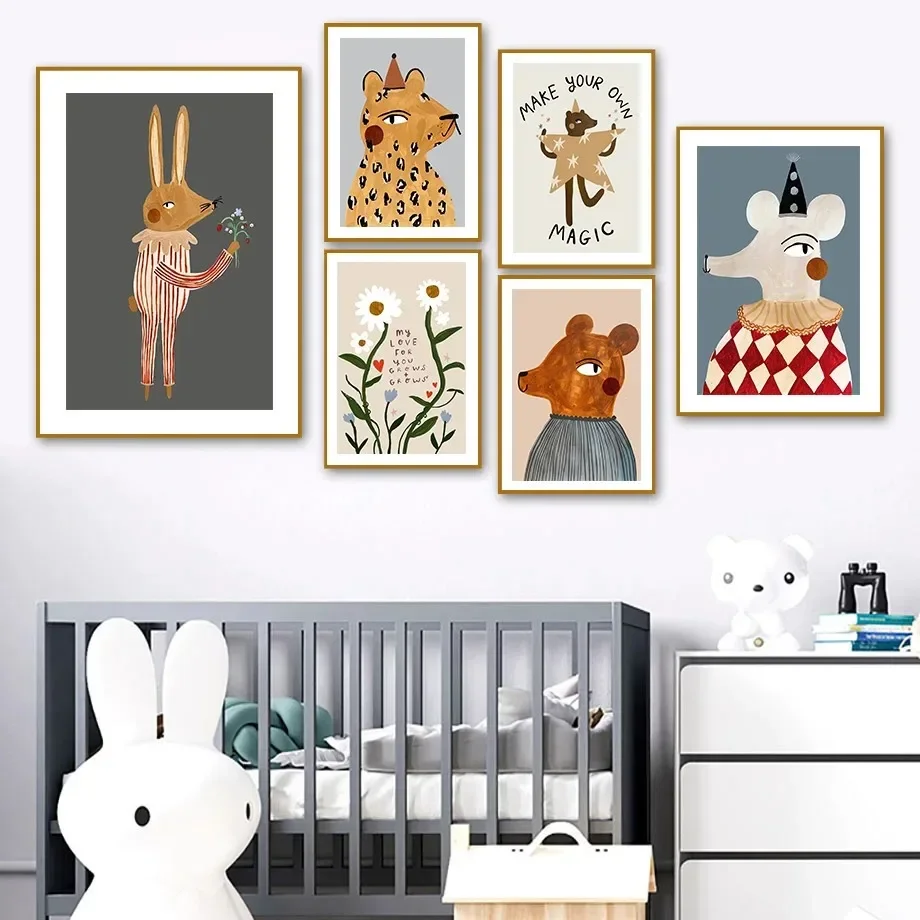 Leopard Rabbit Bear Tiger Mouse Rainbow Funny Wall Art Minimalist Aesthetics Print Canvas Painting Poster for Modern Home Decor