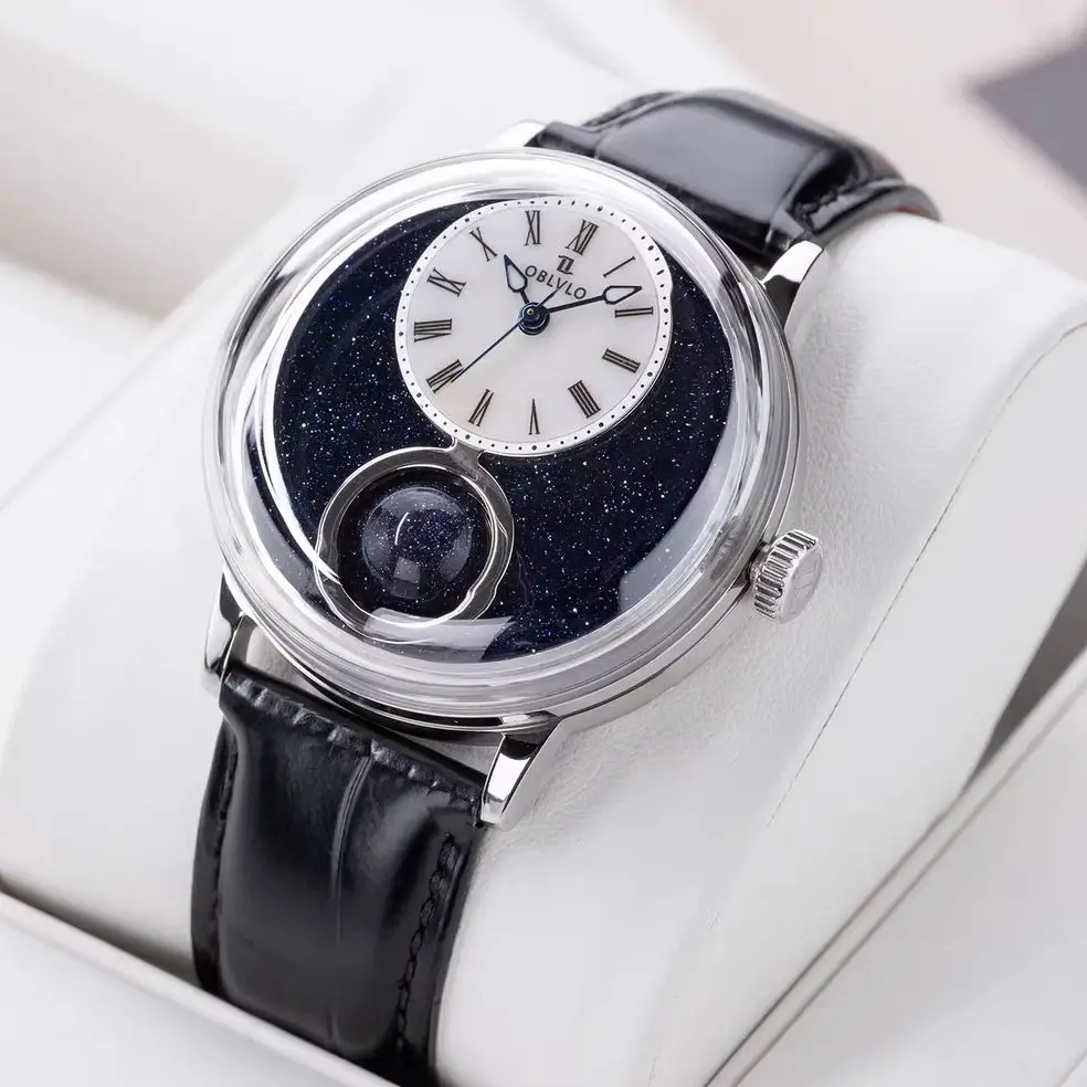 OBLVLO Men Automatic Watch 42mm Mechanical Wristwatch Luminous 50m Waterproof Sapphire Mirror Rotation 24 Hours Ball