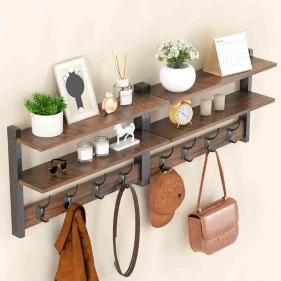 2 Tier Coat Rack Wall Mount with Shelf 33" Wall Shelf with Hooks Entryway Key Holder for Wall with 8 Heavy Duty Double Hooks Co