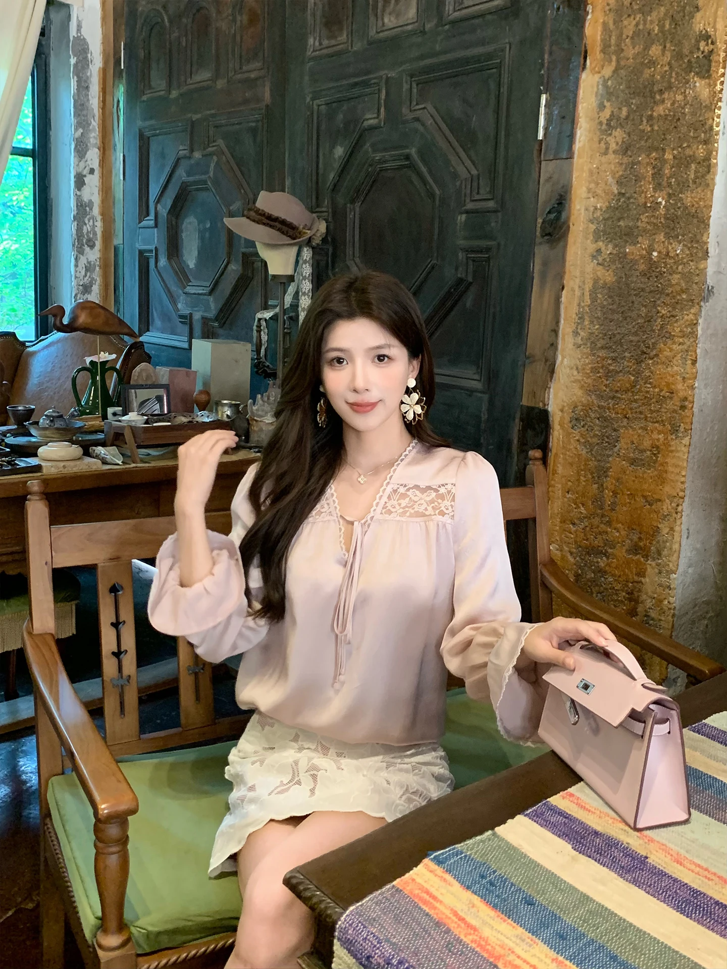 

Kun Total Pink Lace Satin irt Women's Spring Design Long Sve V-ne New Faion Commute Sle Loose Fit Breathable Polye...