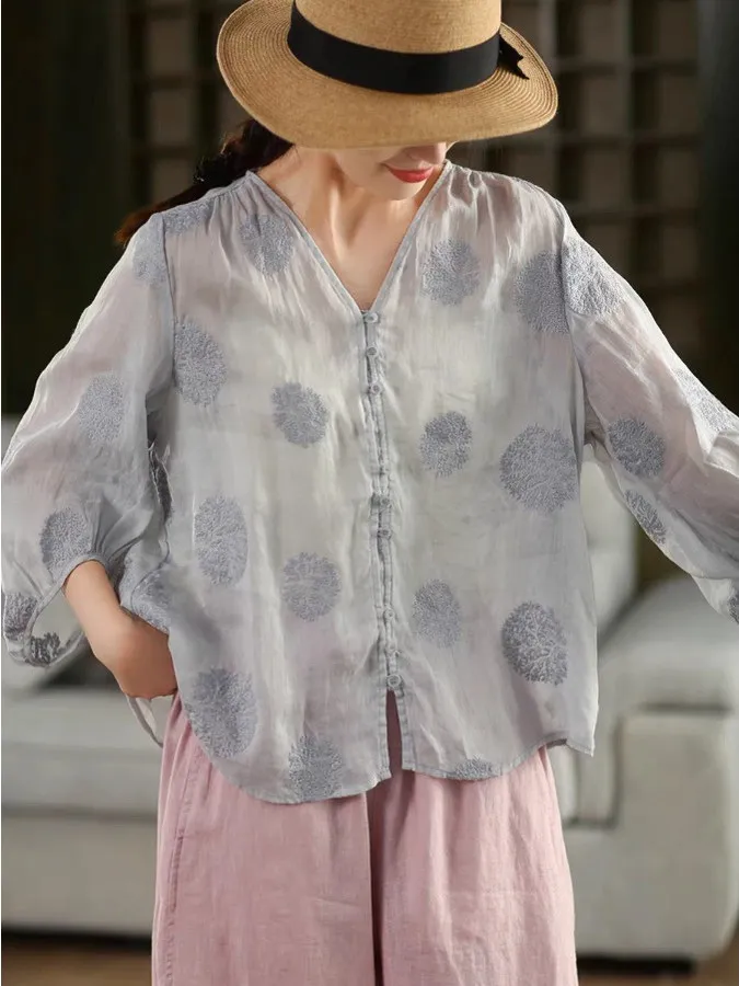 엘리 자수 코튼 린넨 여성용 얇은 여름 신상 슬레 랜턴 스타일 오픈 가디건 브이넥 레귤러 길이