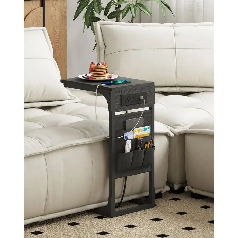 

C Shaped End Table with Charging Station, Side Table for Sofa and Couch with Storage, TV Tray Table with 2 USB Ports amp Outlet