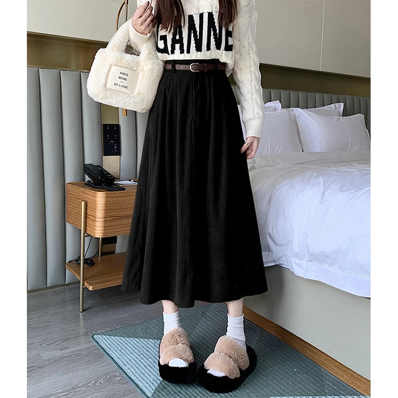 Vintage Corduroy Midi Skirts Women Korean with Belt Pleated Skirt Fall Winter Streetwear High Waist All Match A Line Skirts New