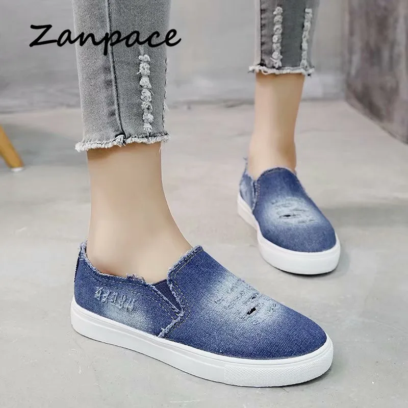 Flat Shoes Women Denim Loafers Big Size Womens Shoes Casual Spring Ladies Platform Shoes Slip-On Canvas Shoes Zapatos De Mujer