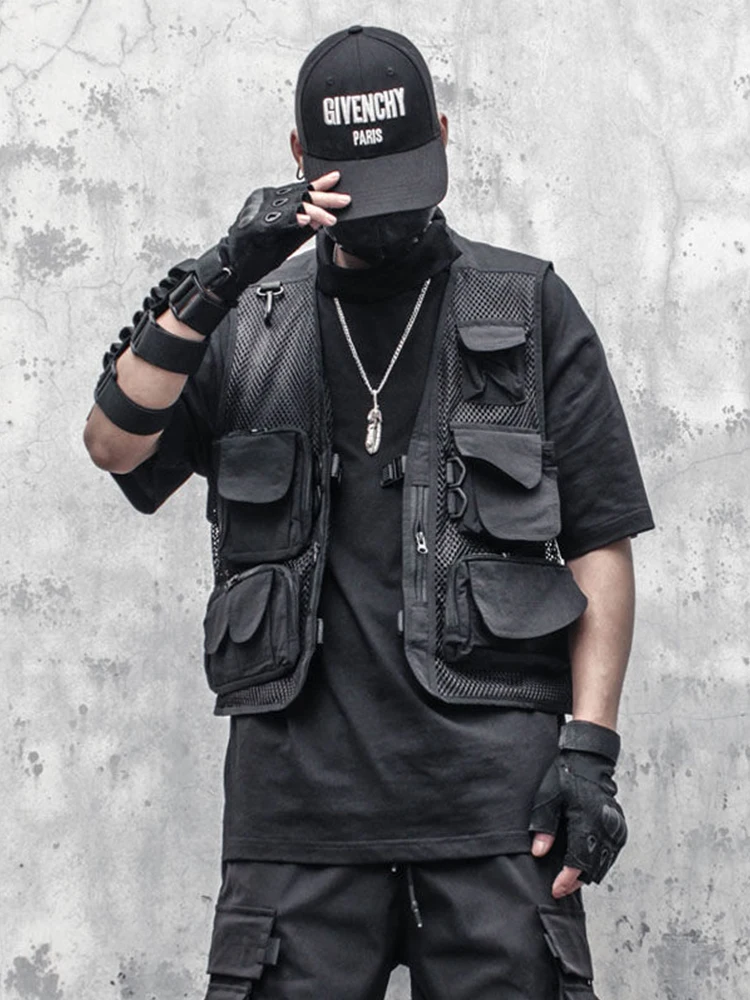 HOUZHOU Techwear Black Cargo Biker Vest Without Sleeve Tank Tops Men Sleeveless Top Men  Clothing Japanese Streetwear Hip Hop