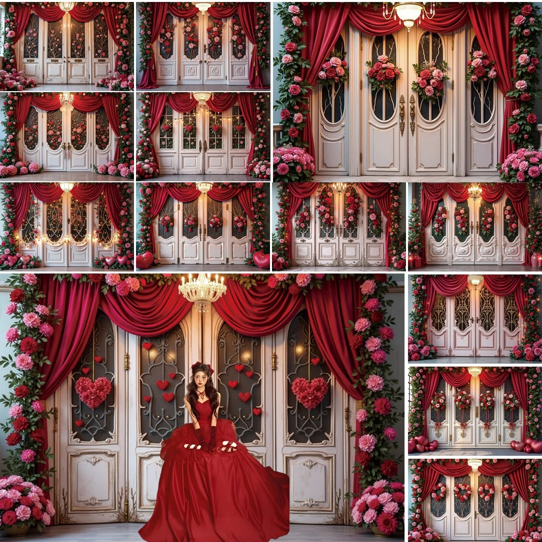 

MOON.QG Ornate Valentine's Day Door Photographic Background Garlands February 14 Backdrop Lover Wallpaper Decoration Photobooth