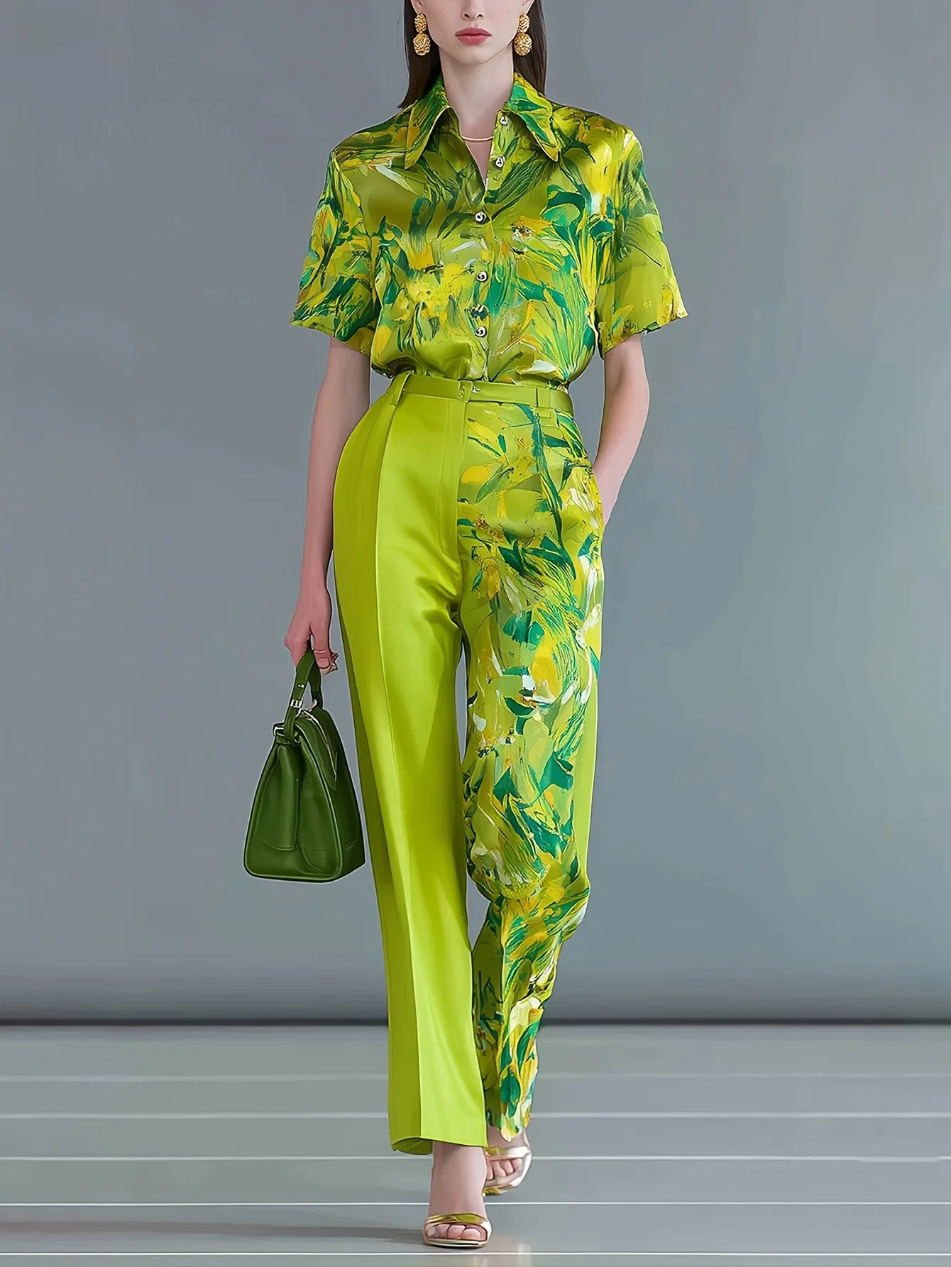 Spring Slim Print Blouse Pants Suit Women Short Sleeves Single-breasted Shirt+high Waist Straight Trousers Autumn Two Piece Set