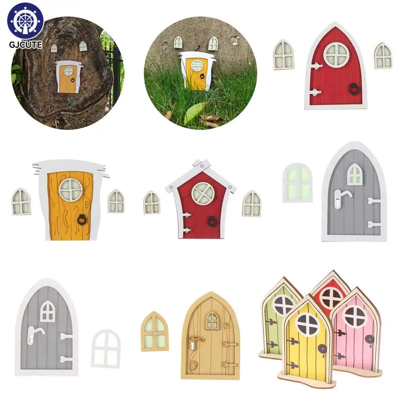 1Set Dollhouse Miniature Wooden Elf Door Fairy Gnome Window Door Model Doorknob Doll House Garden Decoration Toys Accessories