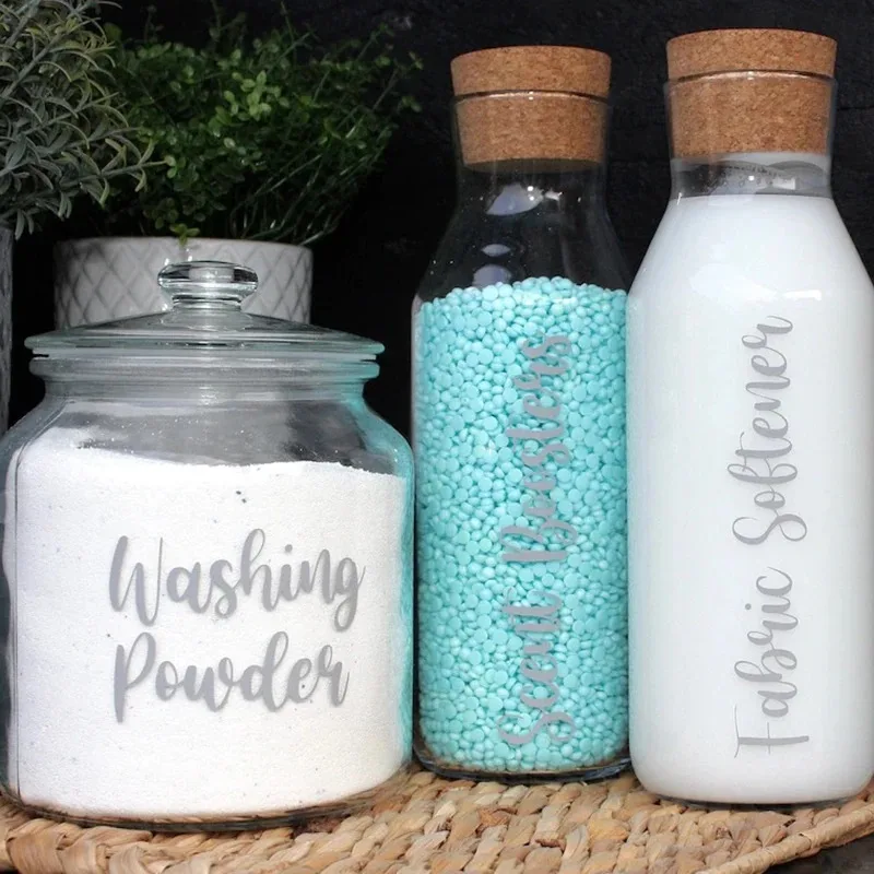 Laundry Room Organisation Labels Vinyl Sticker Decals Washing Powder Fabric Softener Storage Jar Tank Label Decal Decorative