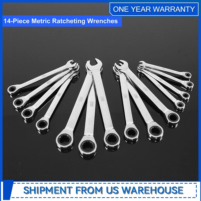 14 Piece Non-Adjustable Ratchet Wrench Set 6-19mm Metric Chrome Vanadium Steel Ratchet Wrench Set By Prostormer