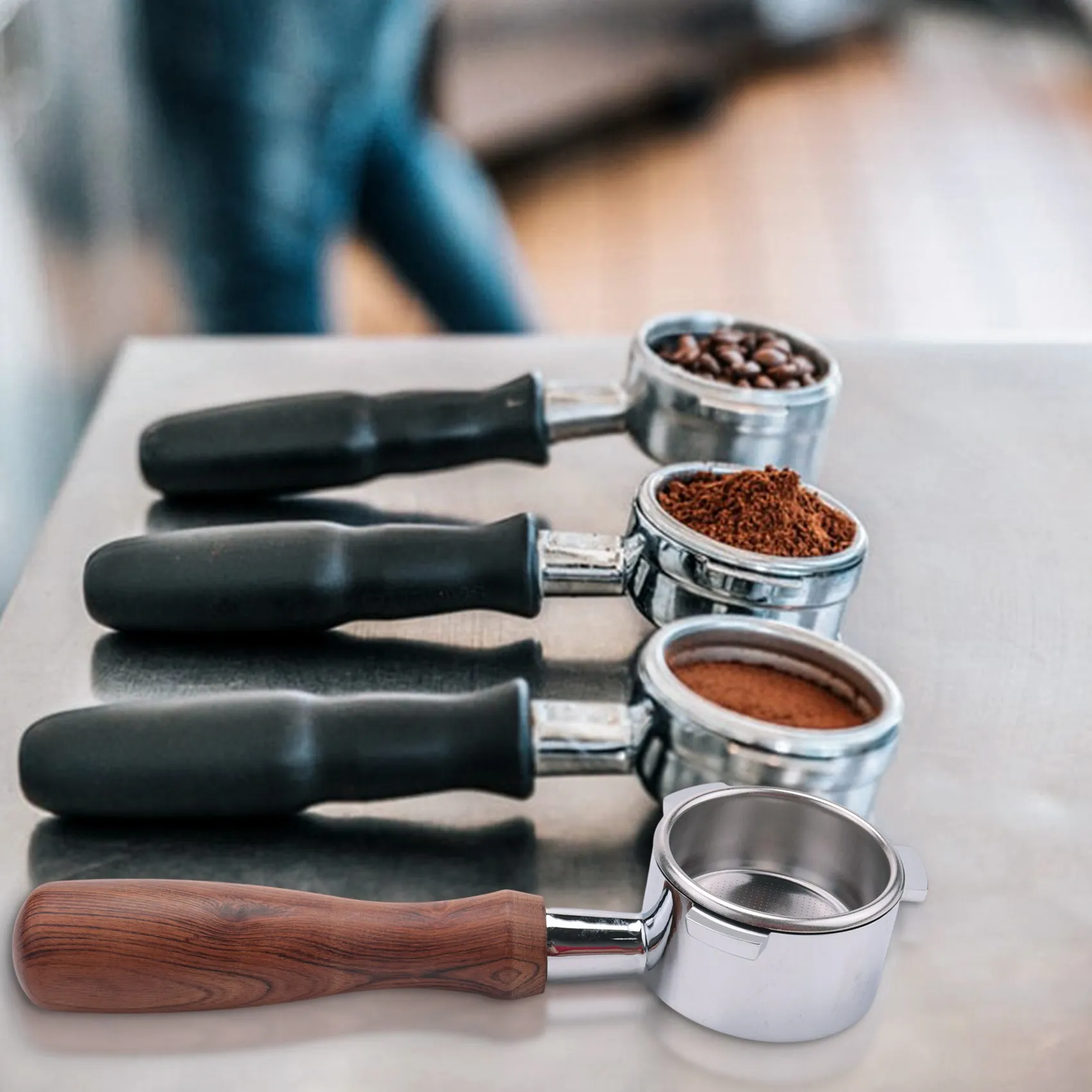 Portafiltro sin fondo para máquina de café de acero inoxidable, 54MM, mango de madera, accesorio profesional