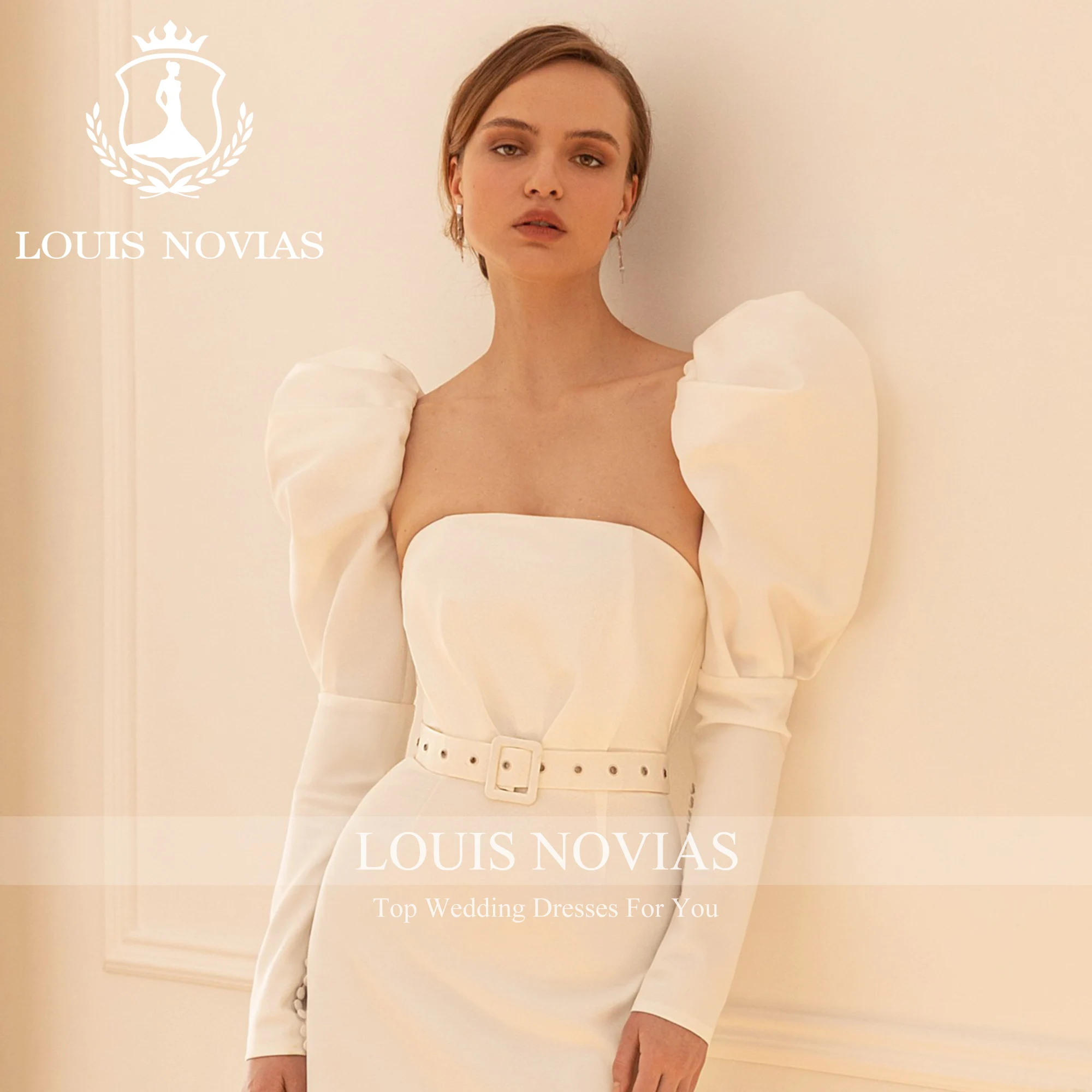 LOUIS NOVIAS 인어 긴 퍼프 슬리브 웨딩 원피스 2023, 모던 스트랩리스 벨트, 무릎 위 새틴 웨딩 가운