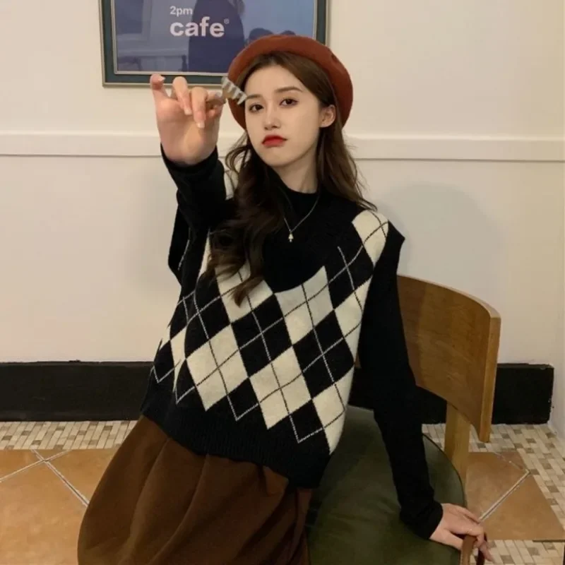 Rompi Sweater wanita, Argyle Harajuku High Street ramping tanpa lengan Tender Fashion rajut Jepang leher V sekolah gadis Retro