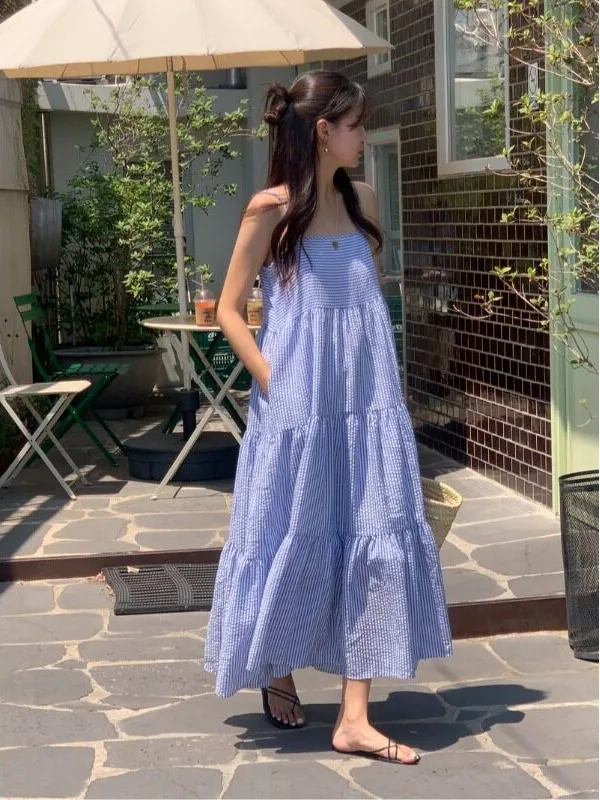Summer Vacation Loose Strap Stripe Dress Korean Style Women's Casual Fashion Spring Autumn Winter Seasonal Wear Street Scene