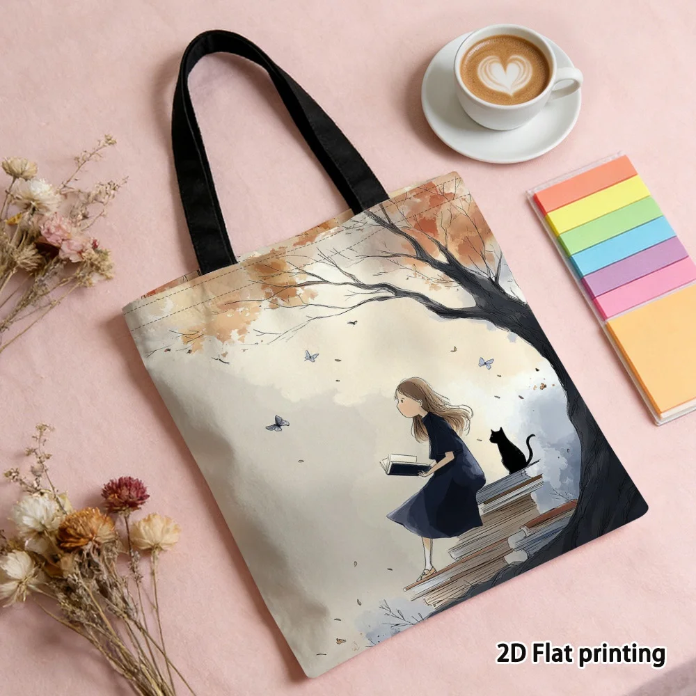 1pc Creative Autumn Reading Under Graphic Print Polyester Tote Bag - Multifunctional Shoulder Bag for Shopping