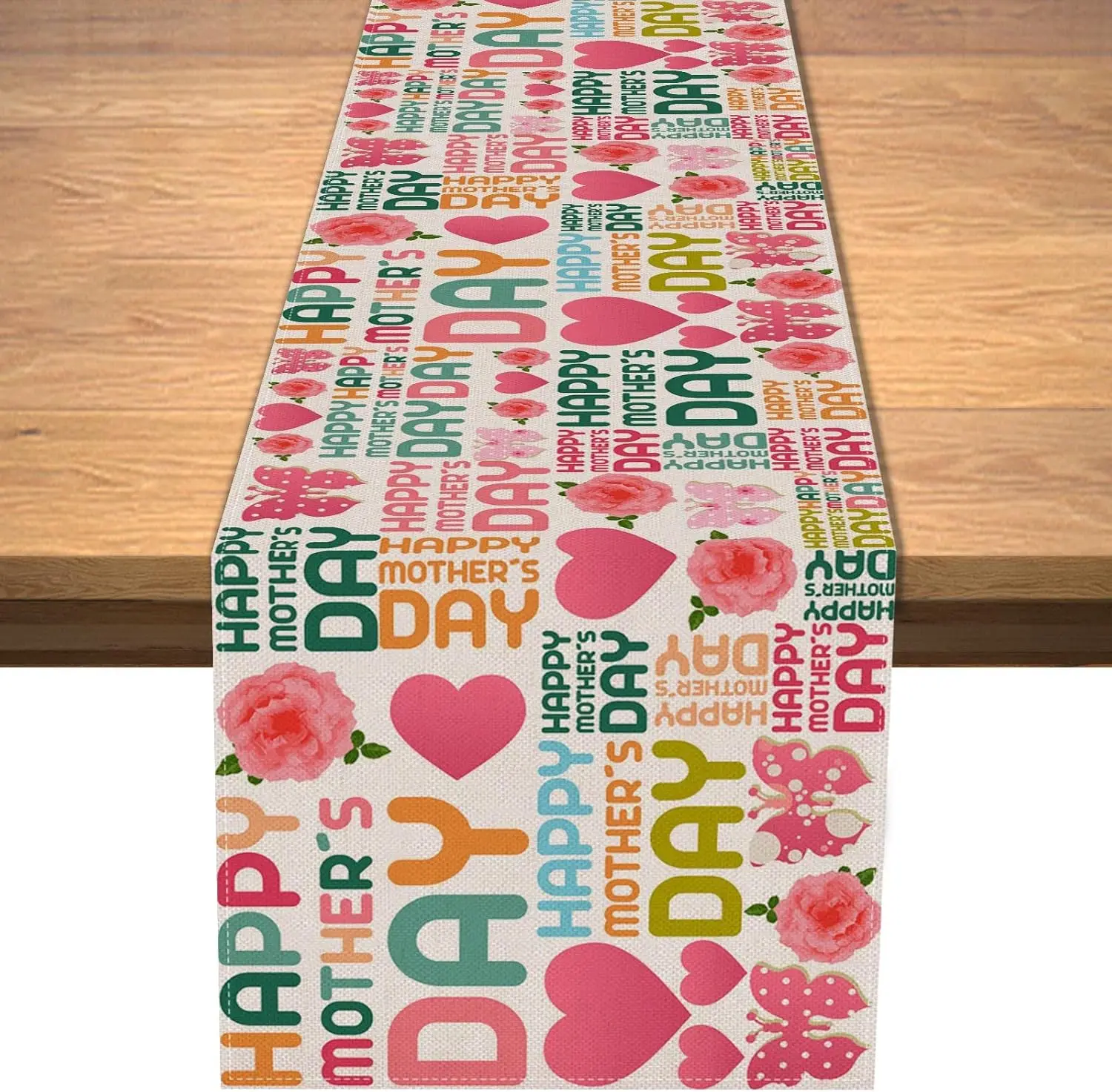 

Happy Mother's Day Pink Rose Butterfly Linen Table Runner Party Decor Reusable Kitchen Dining Table Runner Mother's Day Gift