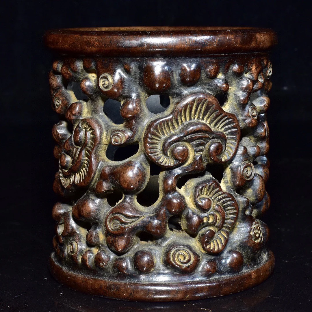 Porte-stylo en bois de santal sculpté, trésor chinois, grain de ganoderma, décoration de bureau