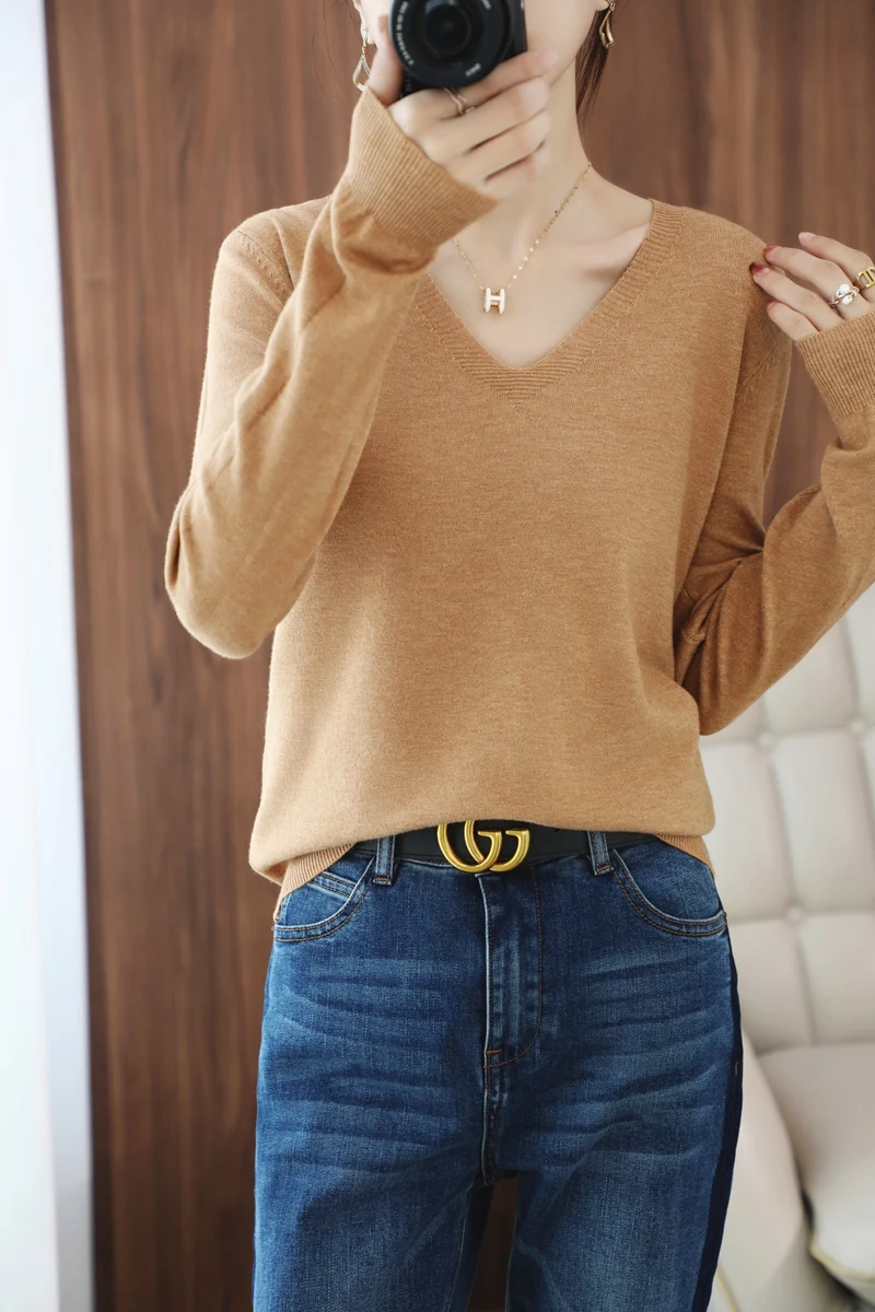 2022 autumn and winter new cashmere sweater V-neck pullover thin sweater loose version cardigan sweater